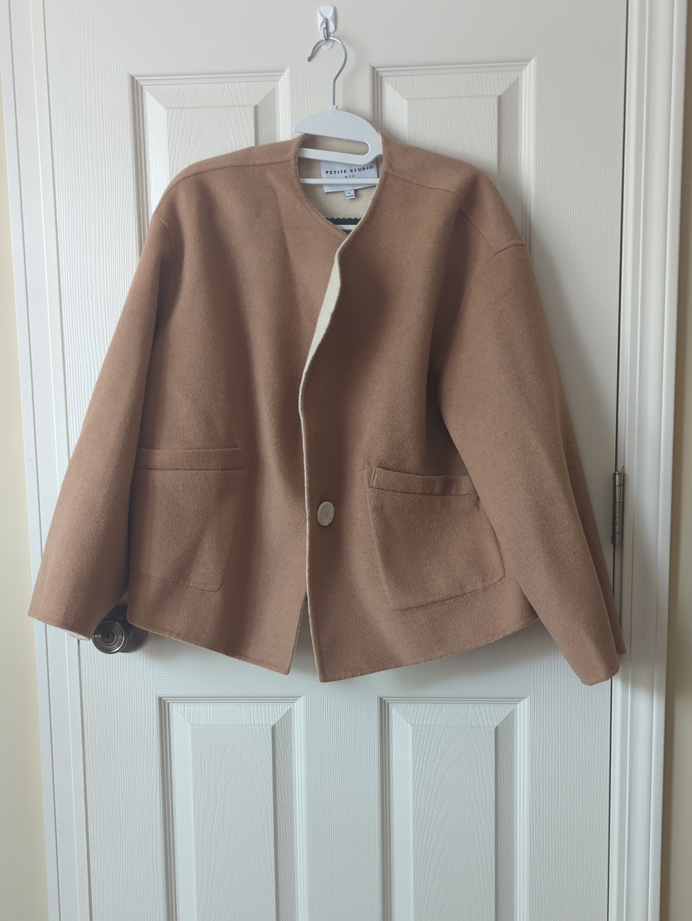 Petite Studio Tan Collarless Wool Boxy Jacket